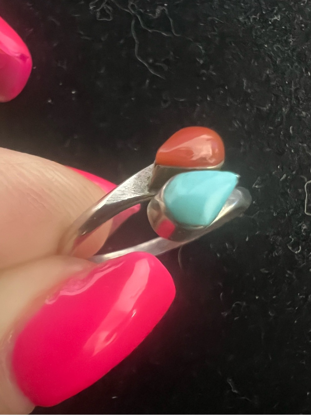 925 STERLING SILVER TURQUOISE AND CORAL DAINTY BYPASS RING